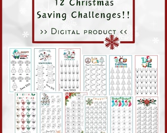 May include: Twelve printable Christmas saving challenge trackers. Each tracker features a different festive theme, such as snowmen, gnomes, and Christmas trees. The trackers are designed to help people save money for the holidays.