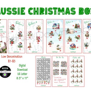May include: Aussie Christmas Box digital download with illustrations of Australian animals in Santa hats. Includes games and savings challenges. Text reads "Low Denomination $1-$5" and "Digital Download US Letter 8.5" x 11".