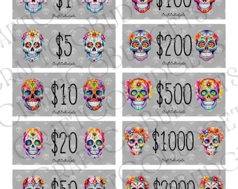 Sugar Skull Prop/Place Holder Money | Digital Download | All Denominations Printable | BONUS Fully Funded & IOU slips | Instant Download!