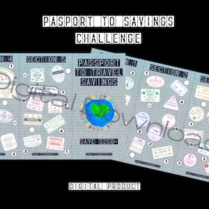 Könnte beinhalten: Ein digitales Produkt mit einem Reise-Thema. Das Design zeigt einen Reisepass mit Reisestempeln, einen Globus mit grünem Herz und den Text "PASSPORT TO TRAVEL SAVINGS CHALLENGE". Das Produkt ist mit "DIGITAL PRODUCT" gekennzeichnet.