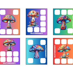 May include: Six colorful mushroom-themed designs with a peace sign on the stem and cap. Each design has a different background color and a white box layout. The text "CRAFTCOBUDGETS" is printed vertically on the side of some designs.