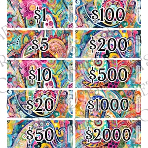 BOHO Prop/Platzhalter Geld | Digitaler Download | Alle Stückelung druckbar | BONUS voll gedeckt & IOU 100% Zettel | Sofort Download!