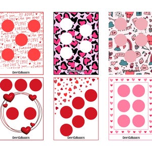 Peut inclure: Six cartes de jeu imprimables pour la Saint-Valentin avec des cœurs et des cercles roses, rouges et blancs. Les cartes présentent différents motifs, dont une couronne de cœurs, des pois et un imprimé léopard.