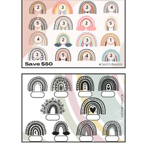 May include: A set of 12 printable rainbow designs with numbers 1 through 5. The rainbows are in various colors and patterns. The text "Save $50" and "@CRAFTCOBUDGETS" is included.