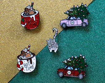 Christmas Tree Glitters Cat Gingerbread Car Pin / hard enamel pin badge broche