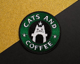 Cats and Coffee iron-on embroidered patch / Starbucks cats and coffee / Iron On Embroidered Patch