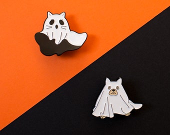 Pin's Chat et Chien fantôme mignon Halloween / Cute Ghost Cat & Dog / hard enamel pin badge épingle