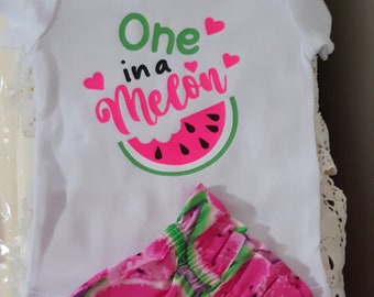 One in a Melon Bodysuit with Pink Watermelon Paperbag Bloomie Set