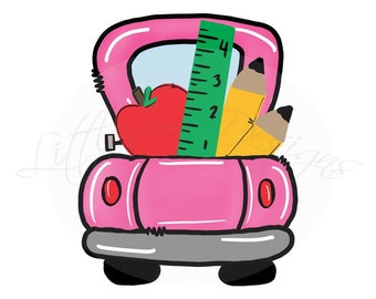 Back to School Pink Pick-up Truck Sublimation, DIY School Shirt, School Supplies Watercolor Clipart, Hand Drawn Doodles
