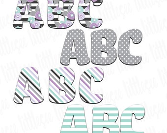 FOUR Alphabet Sets, Purple Floral Alphabet, Watercolor Font, Faux Applique, PNG JPG 300DPI, Commercial License