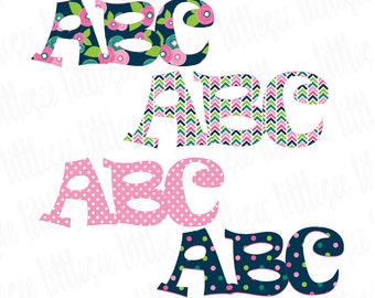 FOUR Alphabet SETS Floral & Polka Dot Alphabet, Watercolor Font, Digital Alphabet Clipart, Faux Applique Alphabet Font, DIY Tee Clipart