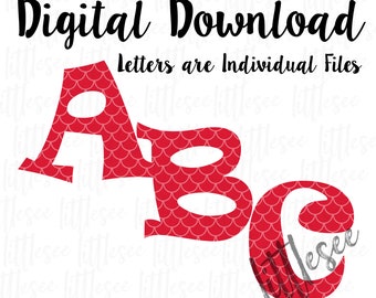 Red Mermaid Fish Alphabet Watercolor Font Digital Alphabet Clipart Faux Applique Alphabet Font DIY Tee Clipart