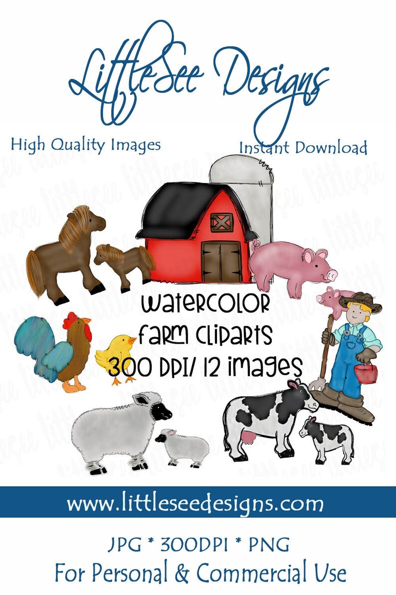 Farm Barnyard Watercolor Bundle Sublimation Barnyard Download DIY School Shirt Farm Clipart Hand Drawn Doodles