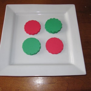Christmas scalloped circles, Red and green scalloped circles,  DIY cupcake toppers, Scrapbook supplies, Christmas cardstock, Set of 50