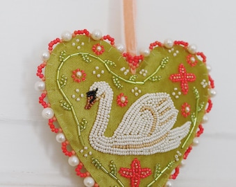 Velvet Heart hand-beaded with swan / handmade ornament / wall hanging