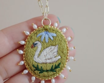 hand embroidered swan necklace with beaded edge - RESERVED *Do NOT Purchase*