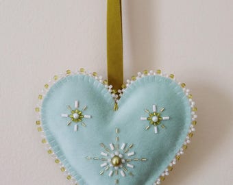 Velvet heart handmade ornament blue/green