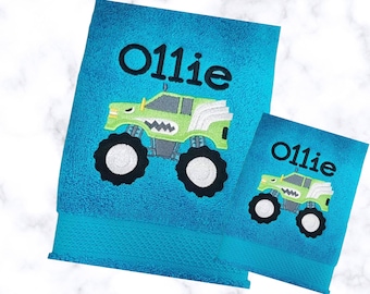 Personalised Kids Bath Towel Monster Truck Design, Custom embroidered name, Design your towel