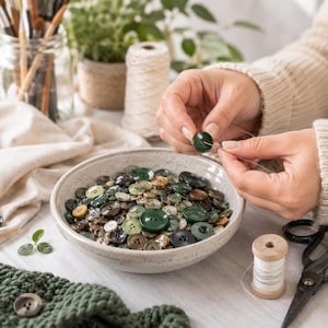 May include: A shallow, speckled ceramic bowl filled with a collection of assorted round buttons in various shades of green, brown, and cream. The buttons feature two or four holes and vary in size, texture, and finish, creating a diverse assortment.