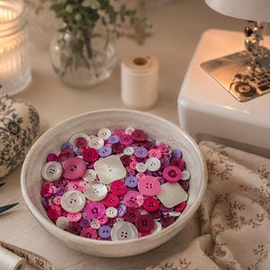 50g PINK & lilac round CLOTHING assorted bulk BUTTON pack sewing crafts bulk