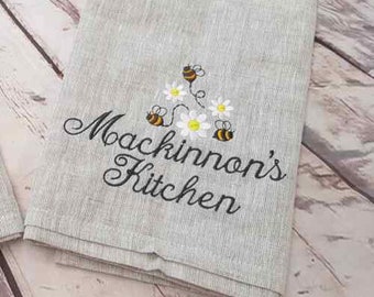 TEA TOWEL personalised embroidered Bees and Daisys add a name for FREE