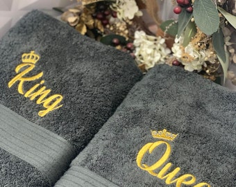 King and Queen matching couples personalised ebroidery bathtowels, first home gift, hens and bucks party, his and hers, wedding gift,