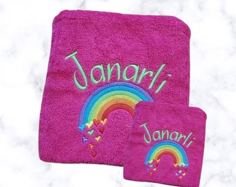 Personalised embroidered rainbow kids and adults towels, keep sake gifts