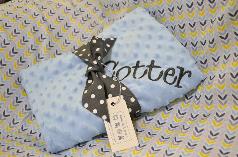 Monogrammed Baby Blue and Gray Chevron Minky Baby Blanket Personalized for Boys! FREE SHIPPPING