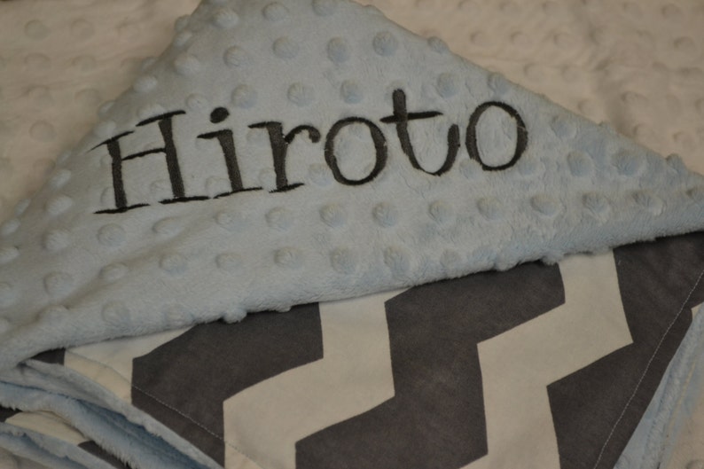 Monogrammed Baby Blue and Gray Chevron Minky Baby Blanket Personalized for Boys! FREE SHIPPPING