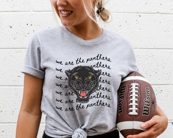 May include: A light gray t-shirt with the text "we are the panthers" repeated multiple times. The shirt features a black panther graphic with yellow eyes and an open mouth. A brown football with white laces is held in the image.