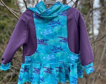 2T Toddler Qaspeq (Kuspuk)- Teal Float Planes with Purple Fleece