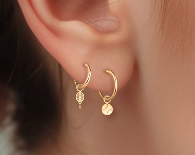Mismatched Tennis Ball and Raquet Huggie Hoops Charm, Handcrafted in Gold Vermeil, Silver, Solid 14k Gold | Handcrafted Sports Jewelry