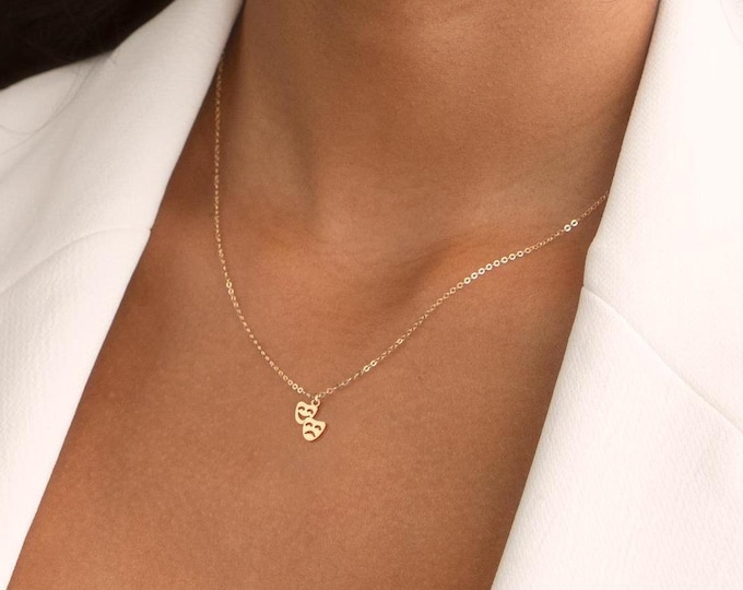 Theatre Mask Charm Necklace available in Gold Filled, Rose Gold Filled, Sterling Silver, or 14K Solid Gold, Happy/ Sad Mask Pendant