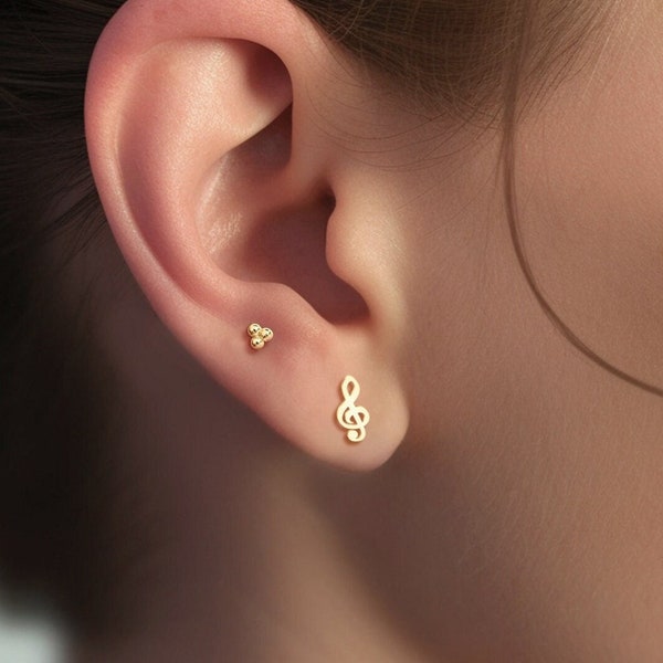 Music Note + Violin Earrings, Dainty Violin Earrings, 14K Gold Filled, Sterling Silver, 14K Rose Gold Filled Treble Clef, Mismatched Stud