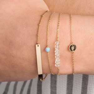 Tiny Initial Disc Bracelet & Gemstone Layered Gift Set of 2, Gold, Silver, Rose Gold, Personalized Bracelet, Initial Disc Bracelet image 2