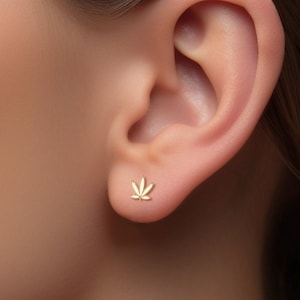 Puede incluir: Primer plano de una oreja con un pequeño pendiente de hoja de marihuana de oro.