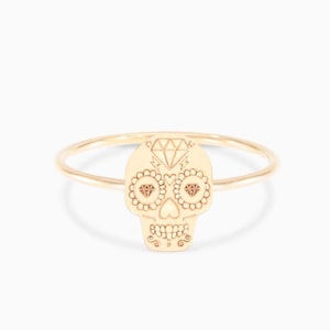 Sierlijke gouden schedelring, schedelring, dag van de dode ring, cadeau voor haar, handgemaakte sieraden, sterlingzilver of gold filled ring