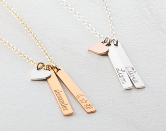 Skinny MINI Vertical Bar Necklace with Heart, Personalized Long Name Gold Bar Necklace, Personalized Bar Necklace, Gold Bar, Vertical Bar