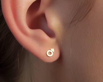 Studs de símbolo masculino, relleno de oro de 14k, plata de ley, relleno de oro rosa, pendientes de género, pendientes de género masculino, joyería hecha a mano, pendientes de novedad
