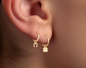 Four-Leaf Clover Huggie Hoop Earrings, Handmade Jewelry, available in 14k Gold Filled, Sterling Silver or 14k Solid Gold