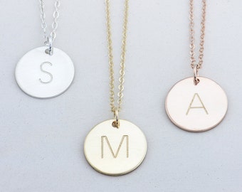 Gold Initial Disc Necklace, 14K Gold, Initial Charm, Personalized Necklace, Hand Stamped, Initial Disc, Mother's Necklace, Valentines Day