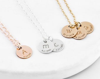 Gold Initial Disc Necklace, 12mm1,2,3 Disc Necklace, 2 Initial Charms, Personalized Necklace, Hand Stamped, Initial Disc, Mother's Necklace,
