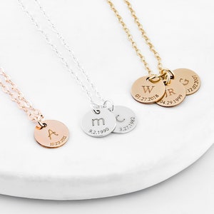 Gold Initial Disc Necklace, 12mm1,2,3 Disc Necklace, 2 Initial Charms, Personalized Necklace, Hand Stamped, Initial Disc, Mother's Necklace,