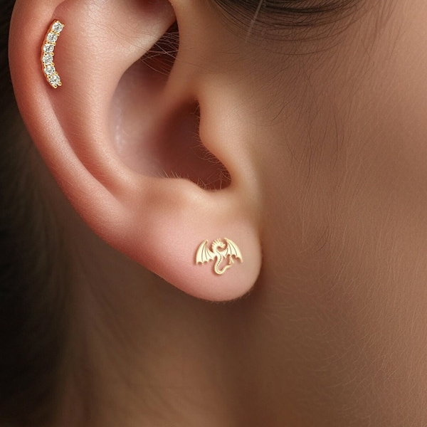 Orecchini a forma di drago mitologico, orecchini a forma di drago, orecchini riempiti in oro 14k, gioielli fatti a mano riempiti in argento sterling o oro rosa, orecchini a bottone a forma di drago