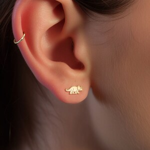 Triceratops Dinosaur Earrings, Dainty Dino Earring, Gold Earrings, Handmade Jewelry, Simple Gold Earring, Triceratops, Gift for Her