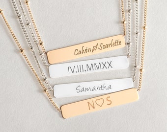 Classic Bar Necklace with Satellite Curb Chain, Personalized, available in Gold or Silver. Mother's Day, Birthday Gift, Graduation Gift