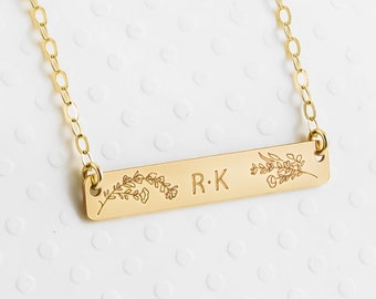 Flower Bar Necklace, Gold or Silver Bar Necklace, Custom Gold Bar, Floral Initial Bar, Customized Name Bar Necklace, Personalized Gold Bar