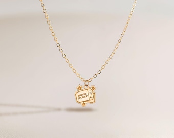Ticket Pendant Necklace: Sterling Silver, Gold Filled, 14K Solid Gold Dainty Cinema Jewelry