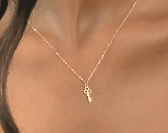 Collar con colgante de llave de esqueleto disponible en oro laminado, oro rosa laminado, plata esterlina o oro macizo de 14 quilates, joyería con llave de esqueleto