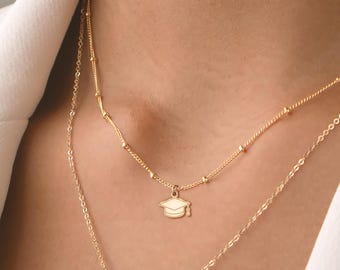 Graduation Mortarboard Charm Necklace Beady Chain: Sterling Silver, Gold Filled, Rose Gold, Handmade Dainty Graduation Jewelry
